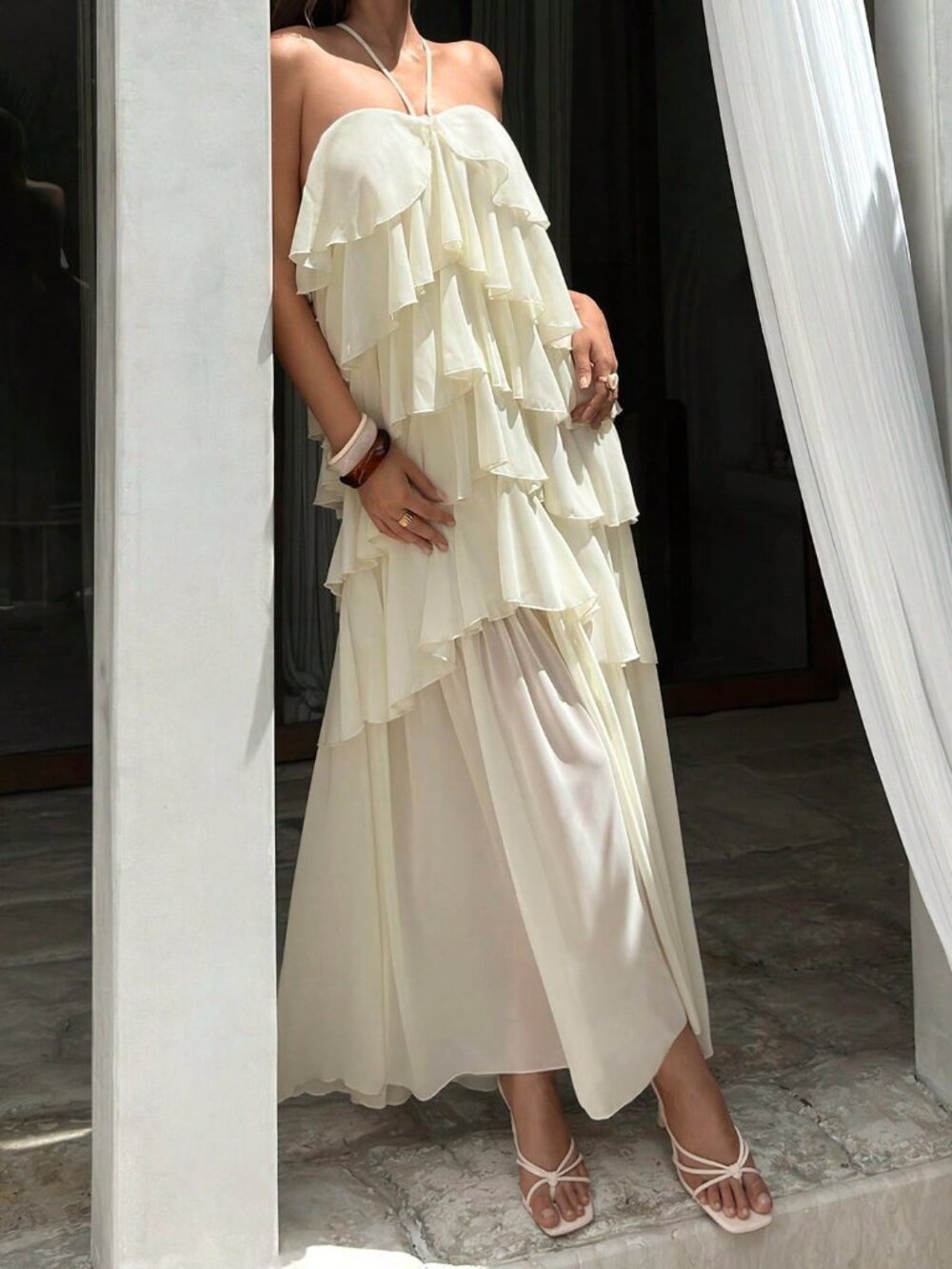 Apricot Boho Women's Elegant Romantic Layered Ruffle Halter Dress - Picture 6 of 7